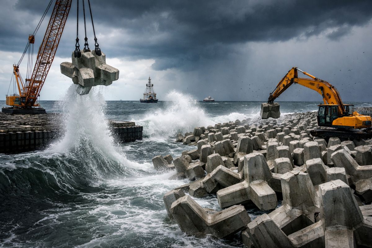 Millions of concrete blocks underpin coastal engineering, reinforce coastal defenses, utilize tetrapods, and employ storm surge barriers to contain extreme waves.