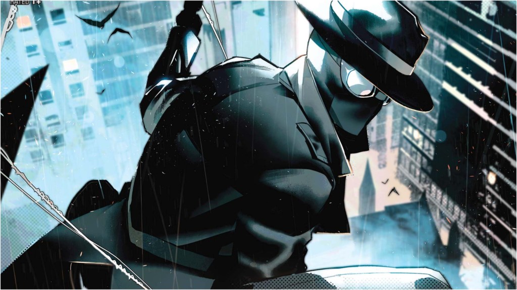 Spider-Man Noir sitting on a building over the city