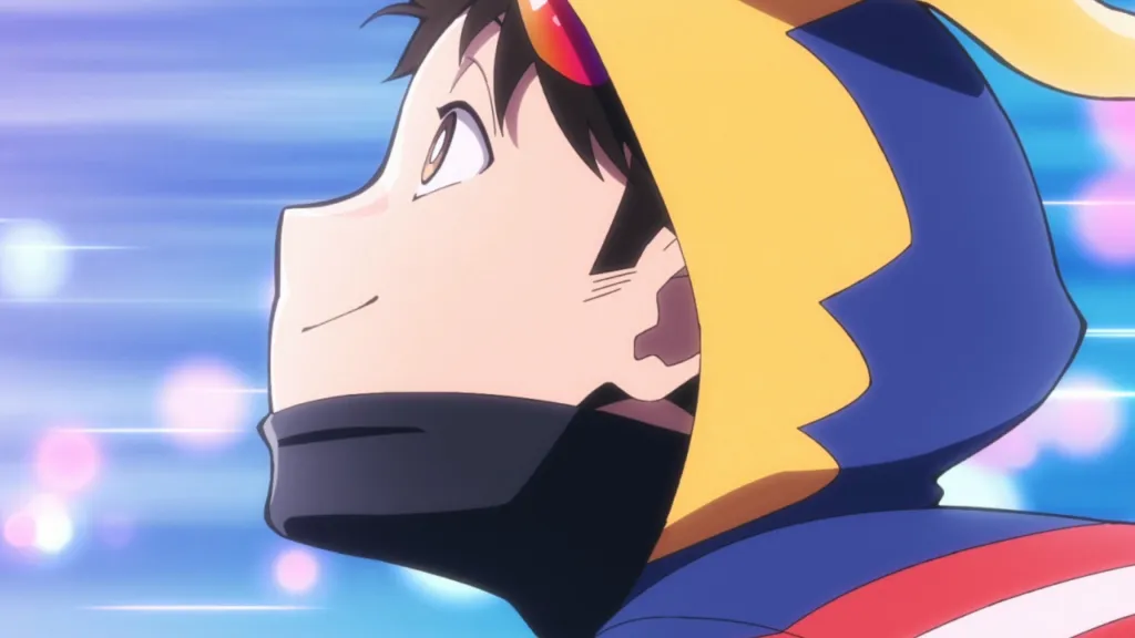 Koichi looking up and smiling with his mask on his chin in My Hero Academia: Vigilantes