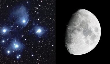 A silvery waxing moon is shown to the right of a two-panel image with most of its right side illuminated by sunlight against a black sky, leaving only a small crescent wreathed in impenetrable shadow. Dark lunar seas and craters can be seen marking the lunar surface. A collection of blue-white stars are pictured to the left, surrounded by a diffuse blue glow against the dimmer starfield beyond, which is threaded with wispy clouds.