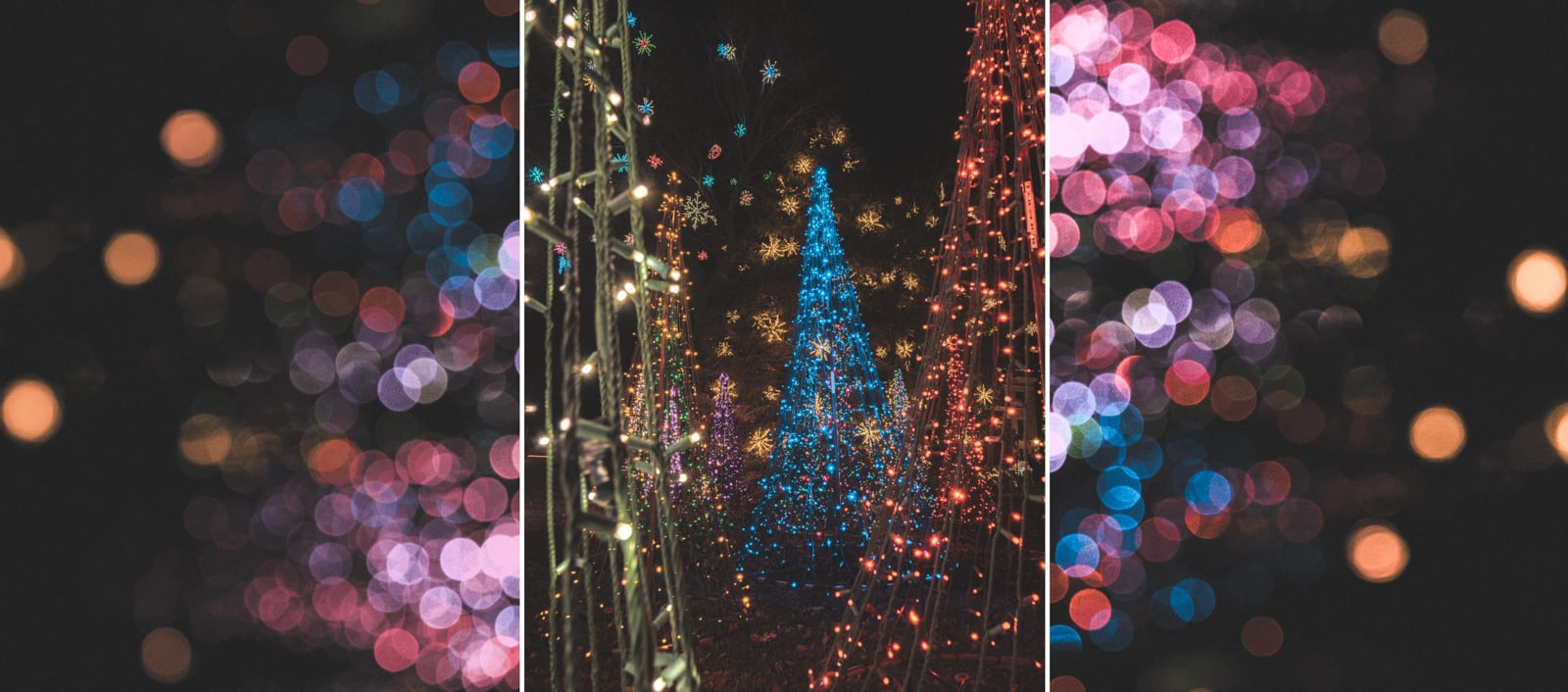 A blue-lit Christmas tree stands in the center, surrounded by blurred colorful holiday lights and glowing decorations, creating a festive night scene with bokeh effects.