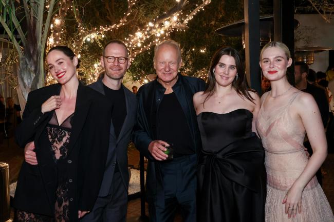 Renate Reinsve, Joachim Trier, Stellan Skarsgård, Inga Ibsdotter Lilleaas and Elle Fanning at the 'Sentimental Value' Los Angeles premiere after party held at Laurel Hardware on November 05, 2025 in West Hollywood, California.