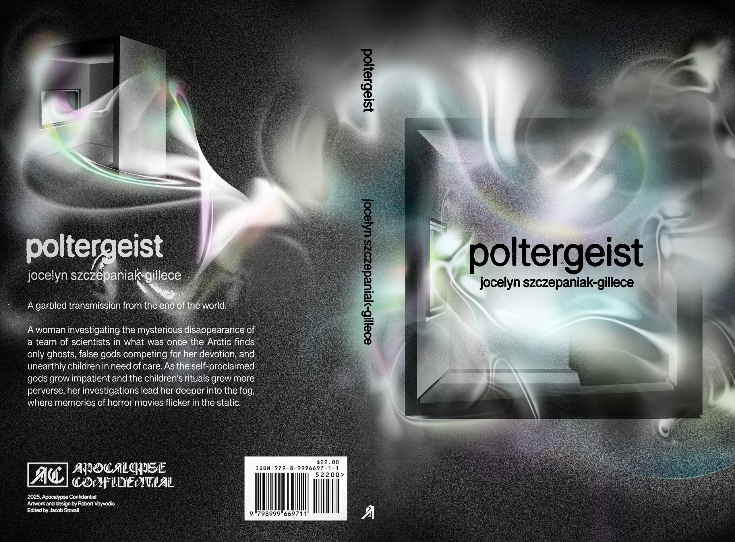 Book cover for Poltergeist by Jocelyn Szczepaniak-Gillece featuring abstract, swirling light patterns and geometric shapes, with a synopsis and publisher logos on a dark background.