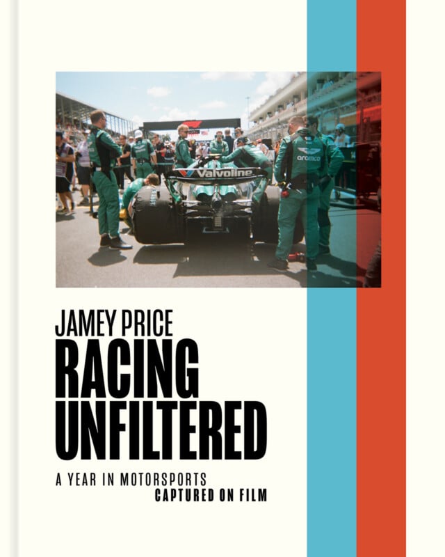 Cover of the book “Racing Unfiltered” by Jamey Price, featuring a photo of a Formula 1 pit crew around a race car on the track, with bold black title text and vertical red and blue stripes.