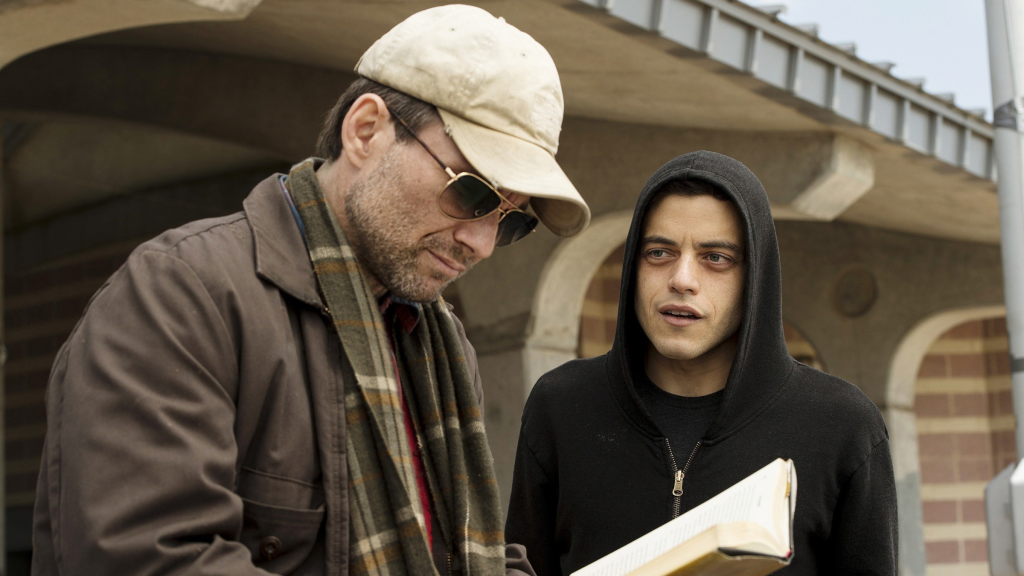Christian Slater and Rami Malek as Mr. Robot and Elliot in Mr. Robot