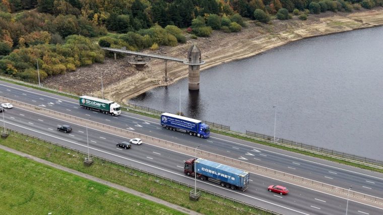 HUDDERSFIELD, UNITED KINGDOM - OCTOBER 16: An aerial view of the valve tower and low water levels at Scammonden Water reservoir next to the M62 motorway on October 16, 2025 in Huddersfield, United Kingdom. Rainfall from Storm Amy earlier this month helped Yorkshire's reservoirs recover from drought conditions, although water levels still remain below average for this time of year. At the end of the first week of October, the region's reservoirs rose to 52.9% capacity, below the 70.7% average that is typical for this time of year, according to Yorkshire Water. (Photo by Christopher Furlong/Getty Images)