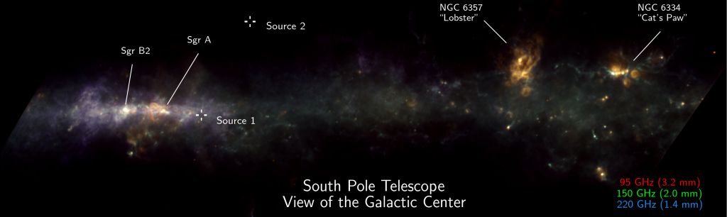 False color image of the three-year SPT-3G Galactic Plane Survey coadded map zoomed in on the Galactic Plane.