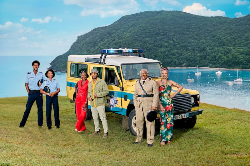 Death in Paradise: Shaquille Ali-Yebuah, Catherine Garton, Shantol Jackson, Don Gilet, Don Warrington, Elizabeth Bourgigne. Photograph: Lou Denim/Red Planet Pictures/BBC