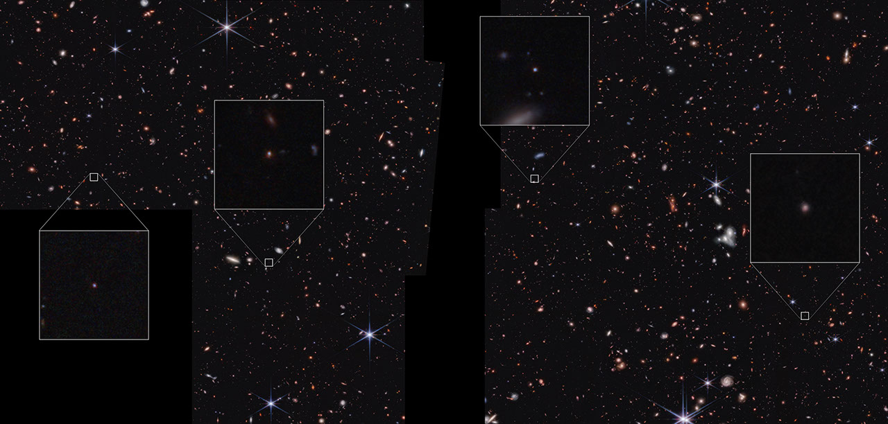 James Webb Space Telescope image showing a broad area of space with many small galaxies, four of which are highlighted in pull-out boxes. The four highlighted galaxies are very small, appearing as points of light. Black areas of the overall image indicate where the telescope did not collect data – a vertical section in the center and a square in the lower left corner.