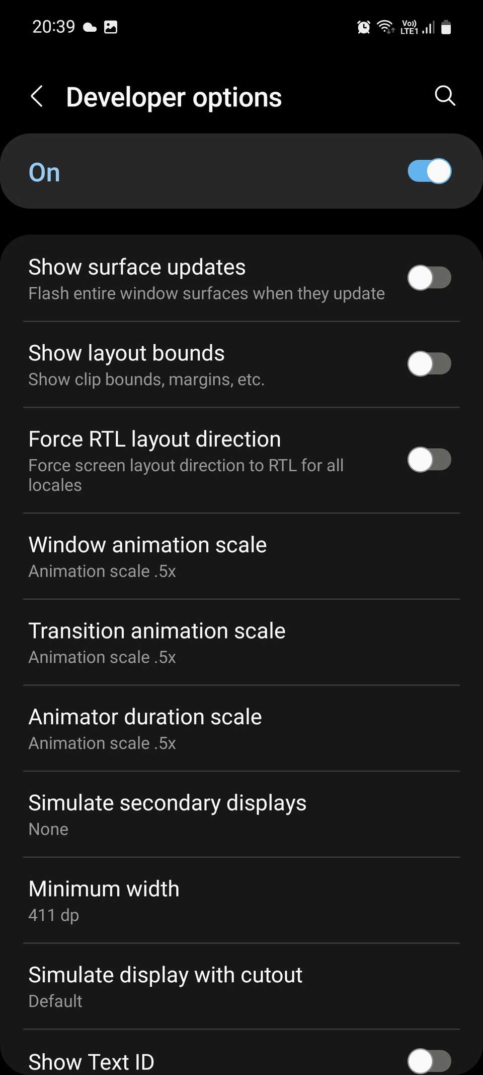 Samsung Developer options menu