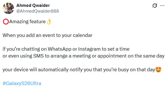 Samsung Galaxy S26 series double booking calendar Ahmed Qwaider