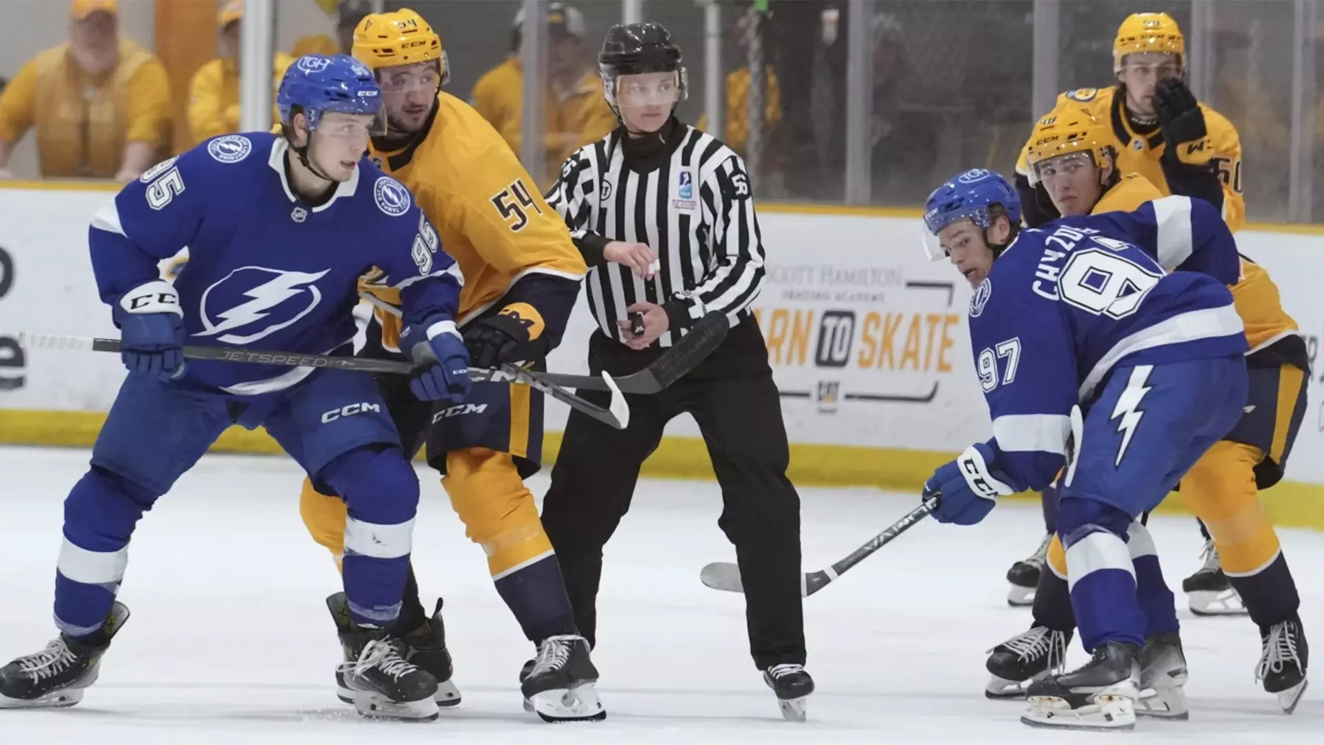 Buckner referees a hockey match during the 2024 NHL Rookie Showcase in Nashville, Tennessee. (Photo courtesy of Sarah Buckner)