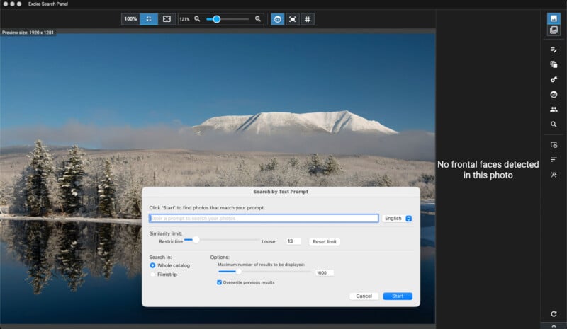 A photo editing software window displays a snowy mountain and forest reflected in a lake. An overlay search panel prompts for a text search, and a message on the right says, "No frontal faces detected in this photo.