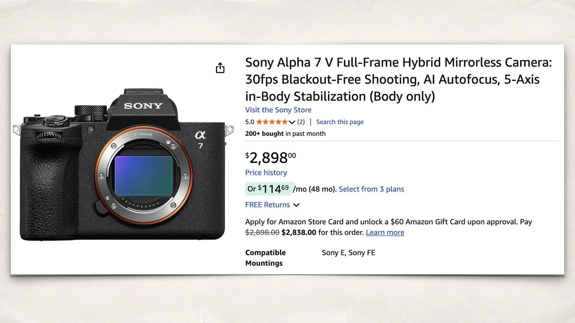 The Sony Alpha 7 V on Amazon