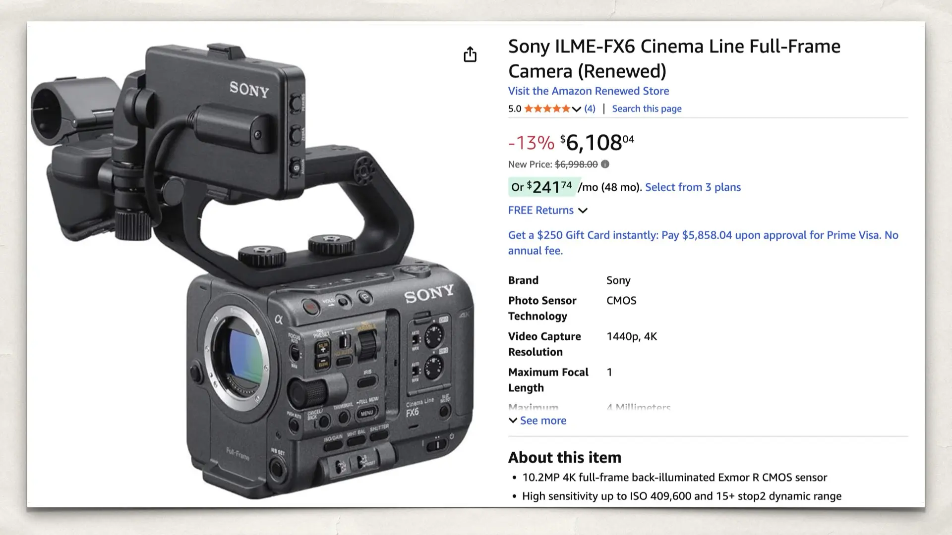 The Sony FX6 on Amazon Renewed