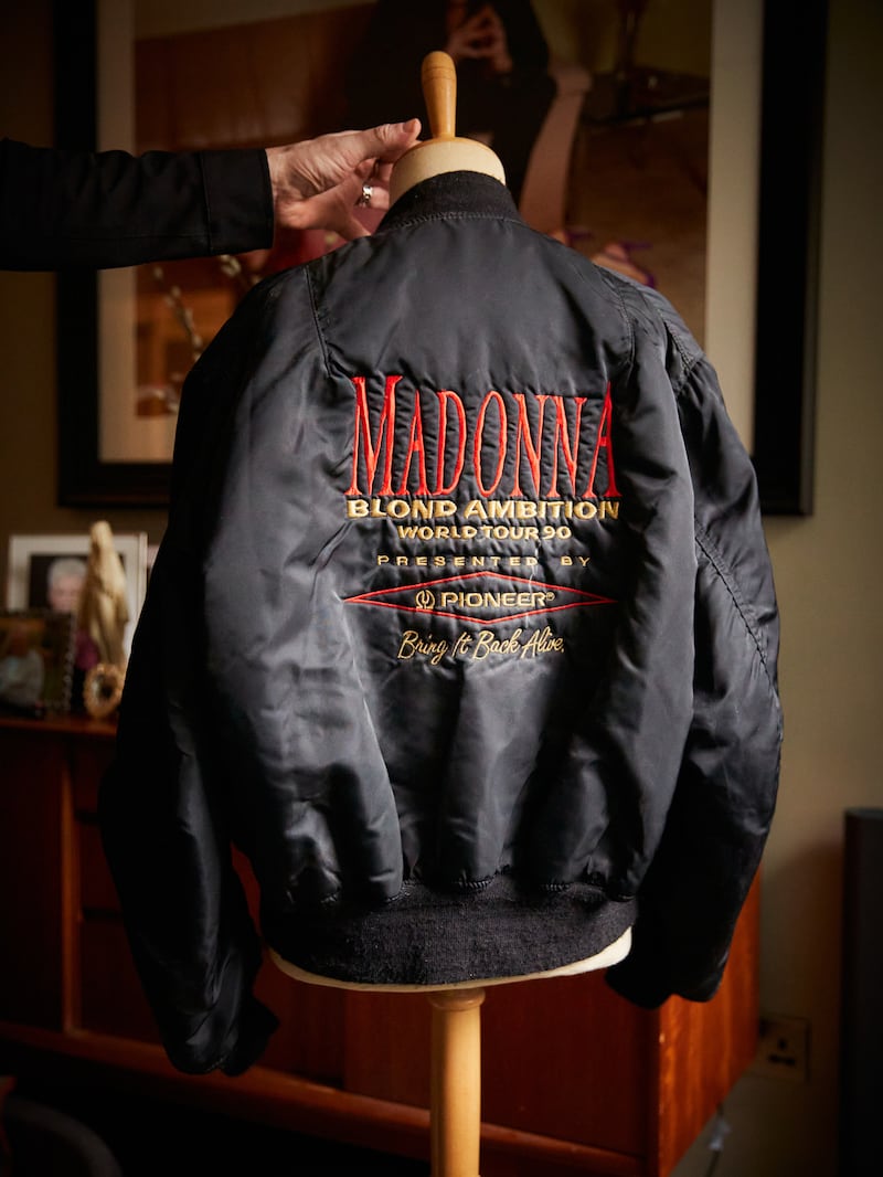 A Madonna jacket in James Harknett’s collection of memorabilia at his home. Photograph: Alice Zoo/New York Times
                      