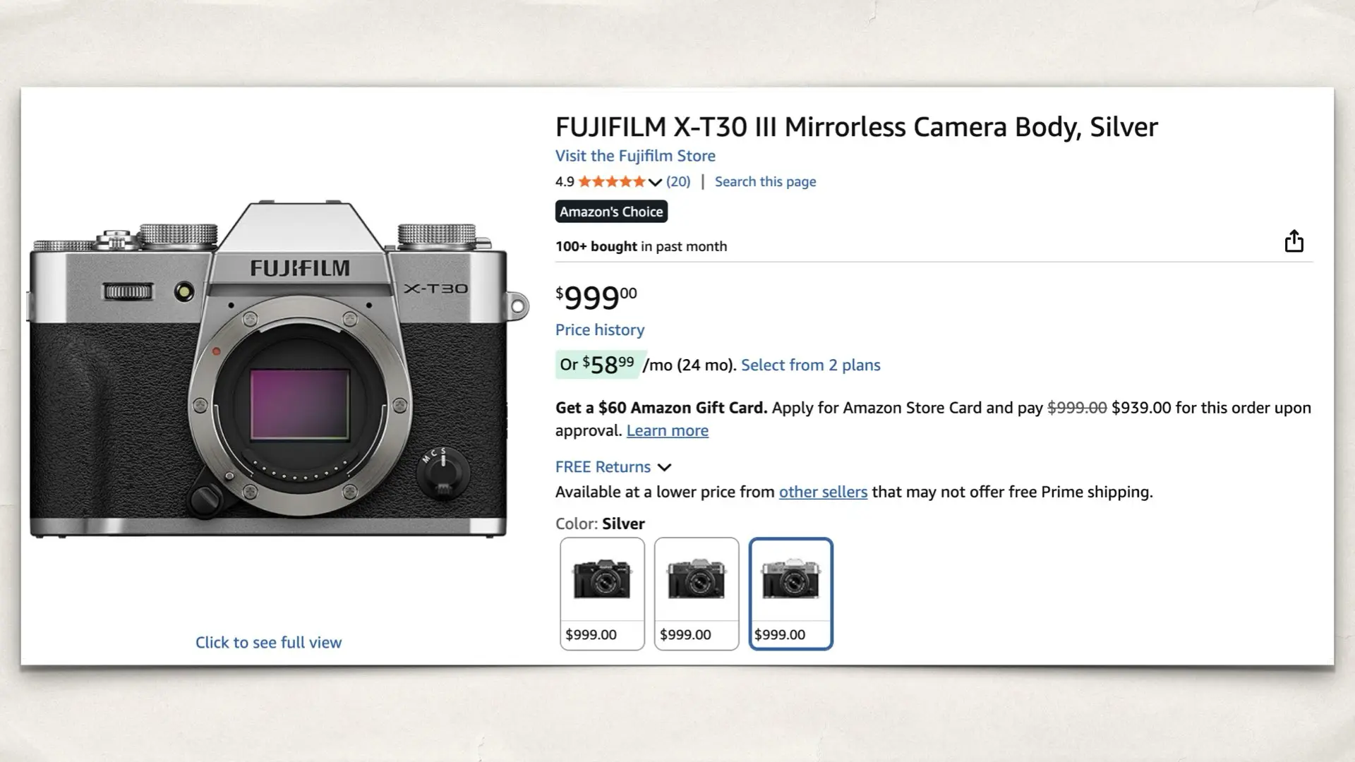 The FUJIFILM X-T30 III Mirrorless on Amazon