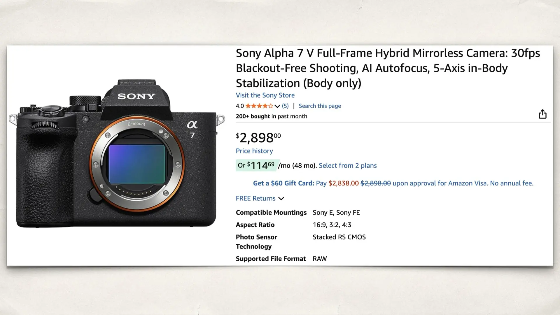The Sony Alpha 7 V on Amazon
