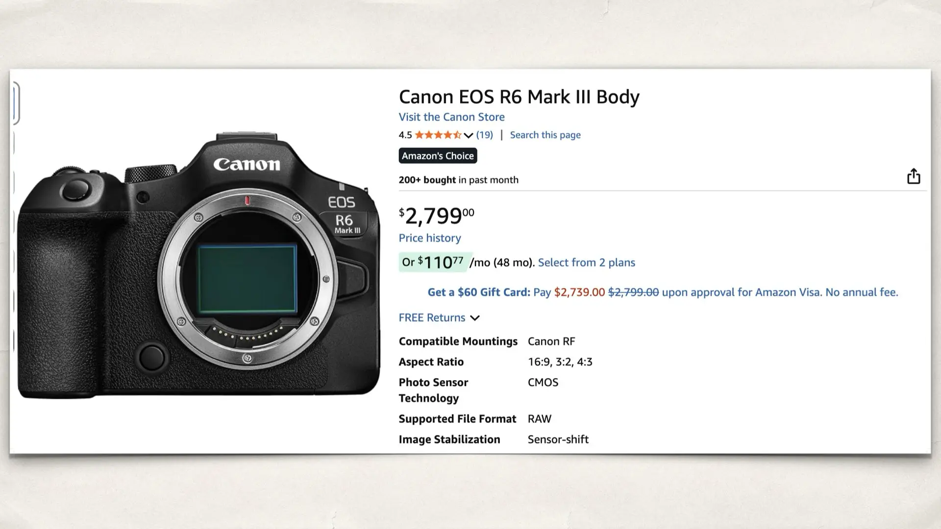 The Canon EOS R6 Mark III on Amazon