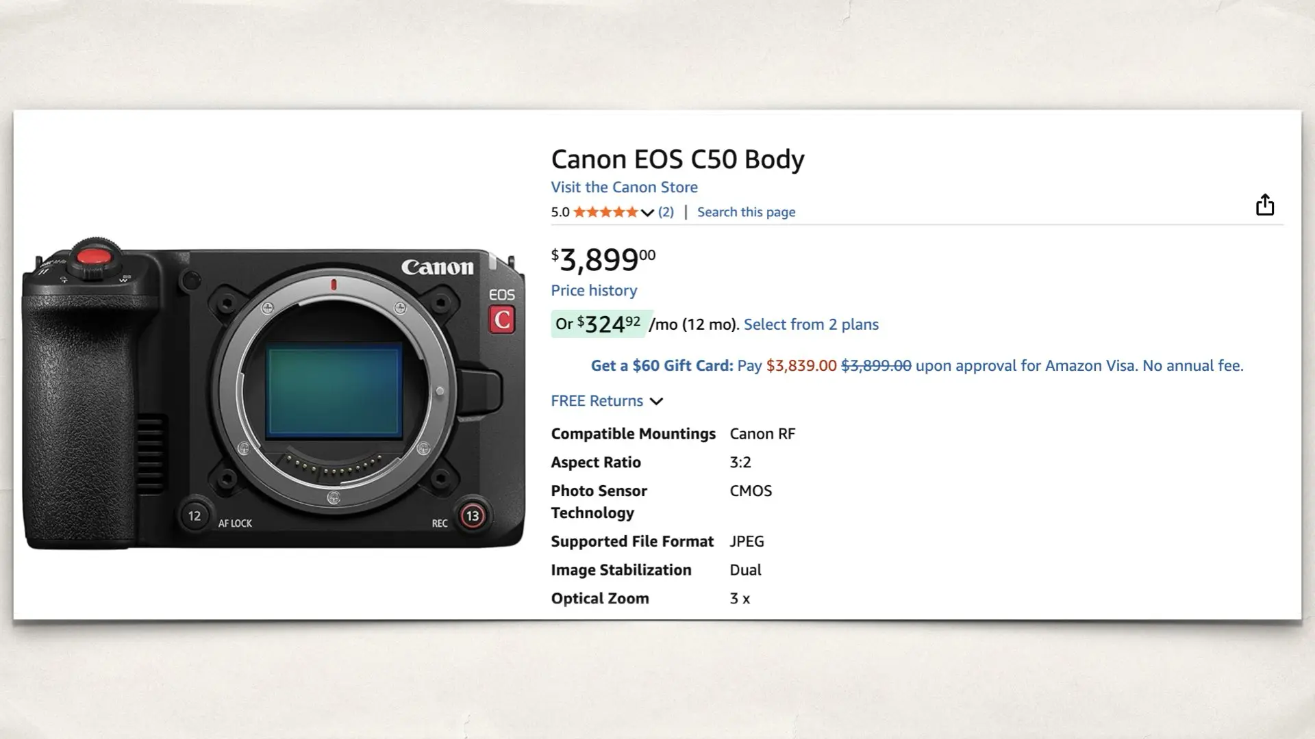 The Canon EOS C50 on Amazon