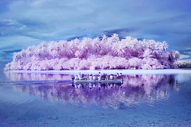 A group of people ride a motorboat on calm water near a lush island with tall palm trees, all tinted in surreal shades of purple and blue under a cloudy sky.
