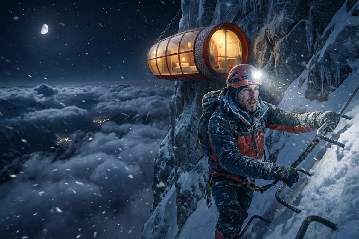 A man braves an isolated capsule in the Italian Alps, near Mont Blanc, traversing via ferrata to an emergency shelter at nearly 3.000 meters.