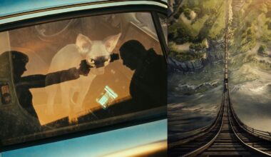 A reflection of a person holding a gun appears on a car window next to a hairless cat inside. On the right, a high, narrow wooden bridge stretches over a valley with greenery and cliffs.