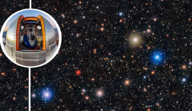 (Main) the colliding galaxy clusters that comprise the bullet cluster as seen by DECam(Inset) the Victor M. Blanco Telescope home of DECam.