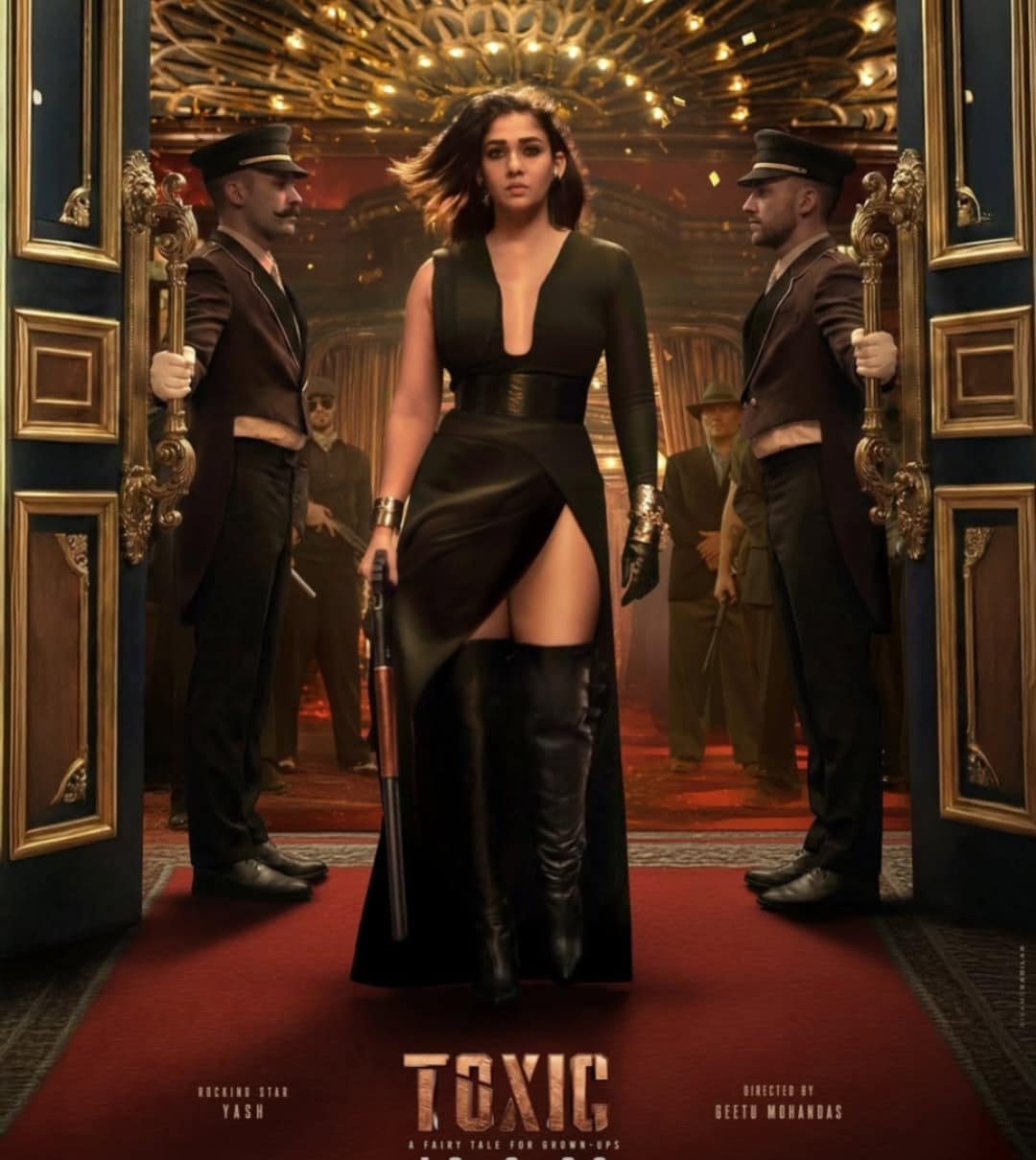 Nayanthara's first look poster featured her dressed in an elegant black gown with a high slit and thigh-high boots. She was seen wielding a shotgun in front of a grand casino entrance.