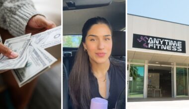 woman counting money (l) woman shares gym experiences (c) Anytime fitness front entrance (r)