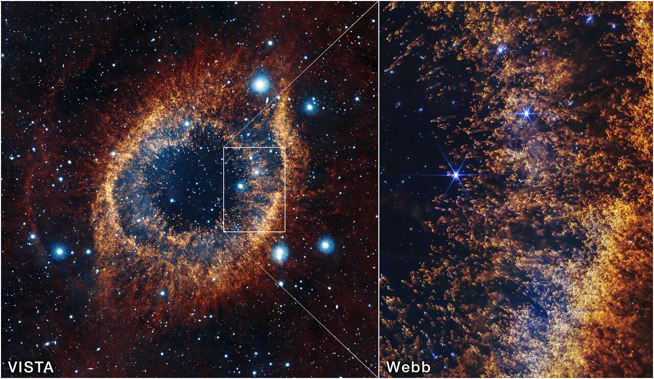 (Left) The Helix Nebula as seen by the Visible and Infrared Telescope for Astronomy. (Right) The smaller field of view from the JWST&rsquo;s NIRCam (right).