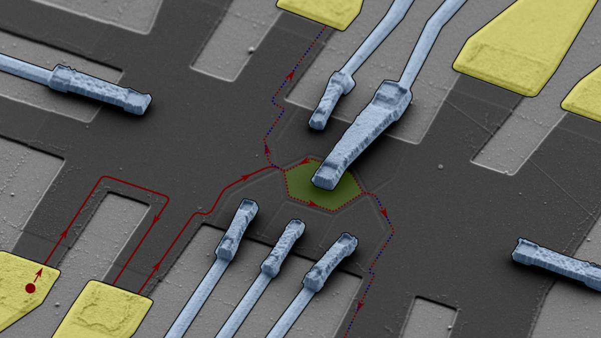 Quantum interference experiment imaged with an electron microscope. The use of bilayer graphene enabled scientists to control the trajectory (red) of an anyon in the material. Its wave was made to encircle an island containing a magnetic field and other anyons (green), then recombine with the original wave to study its properties. Electric gates (dark gray) allowed the scientists to route the anyons along defined paths in the material and to control the electron density within the island