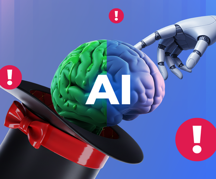 A robotic hand reaching for a brain labeled 'AI' emerging from a magician's hat, surrounded by red alert icons.