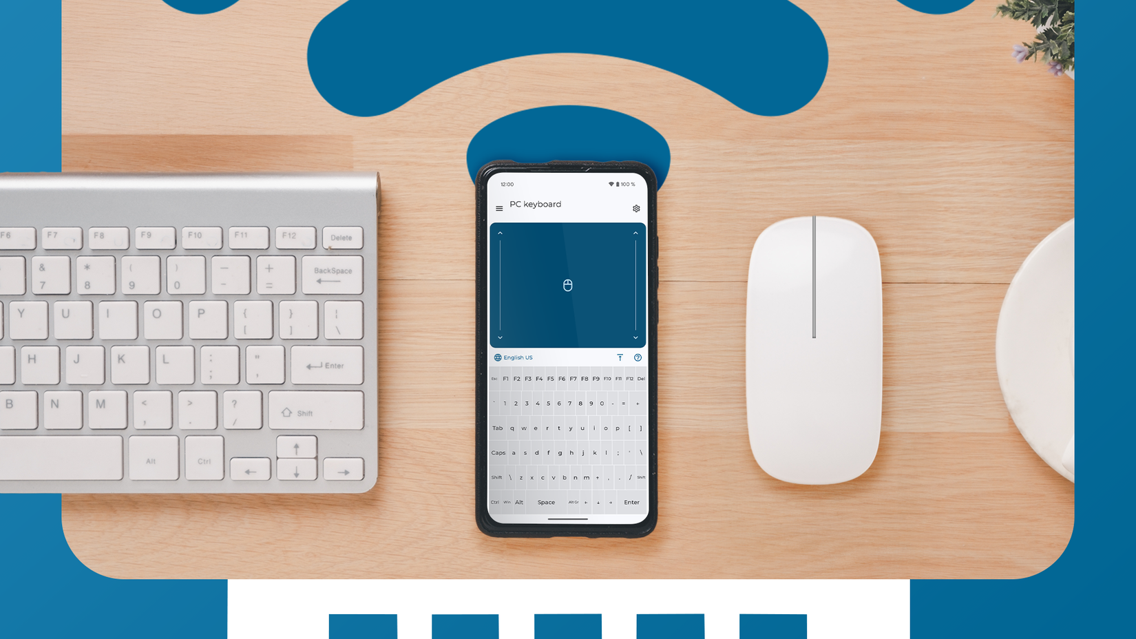 A smartphone displaying the Bluetooth Keyboard & Mouse app interface, placed between a physical white keyboard and mouse on a wooden desk.