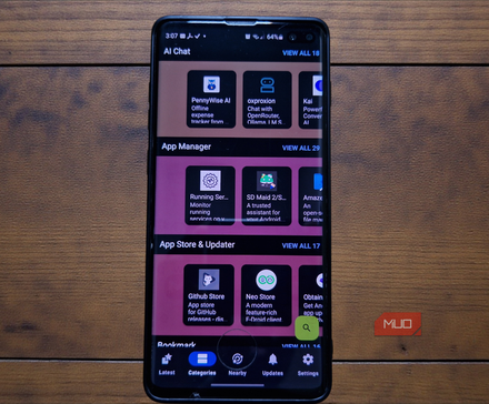 A smartphone screen displaying the F-Droid categorized dashboard