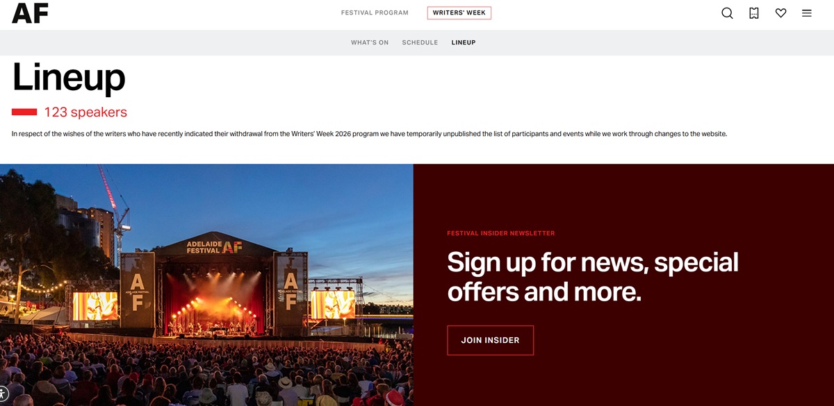 A screenshot of a website where there used to be a Writers' Week 