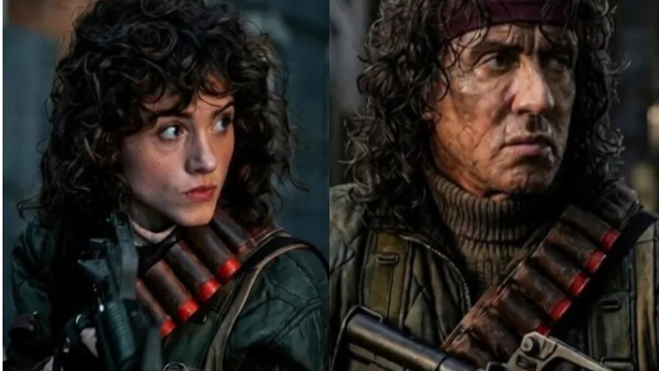 (Left) Nancy Wheeler (Natalia Dyer) in the finale of Stranger Things (Right) Sylvester Stallone in the Rambo franchise.