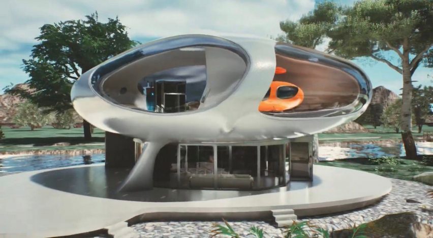 Digital rendering of a pod home by Ai-Da with a bulbous spaceship-like form in a retro-futurist style