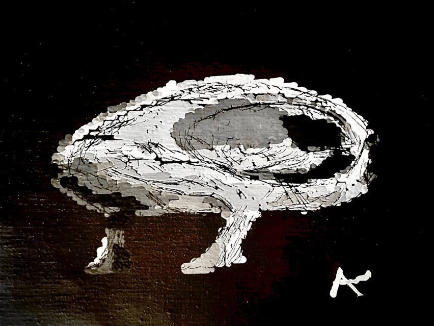 Painting in a splodgy style showing a space pod on two legs, with pen lines on top