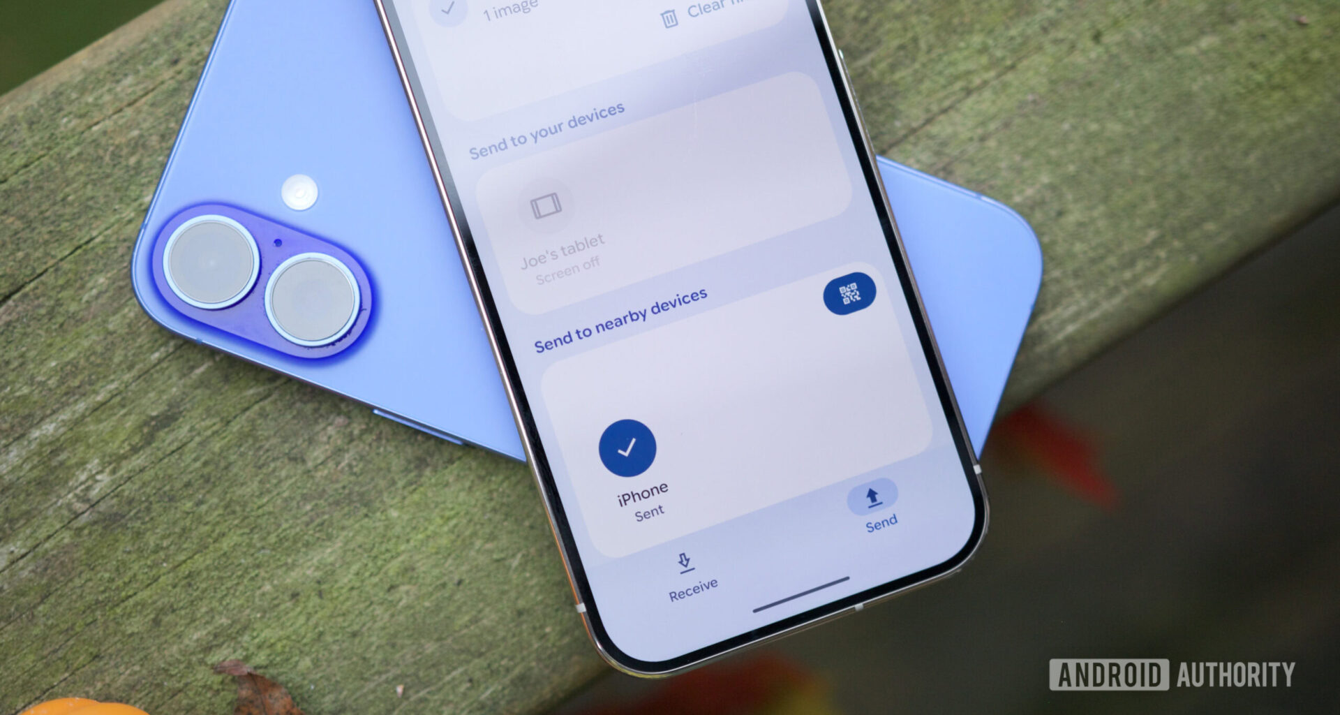 Quick Share on a Pixel, showing an iPhone as an available device to share with.