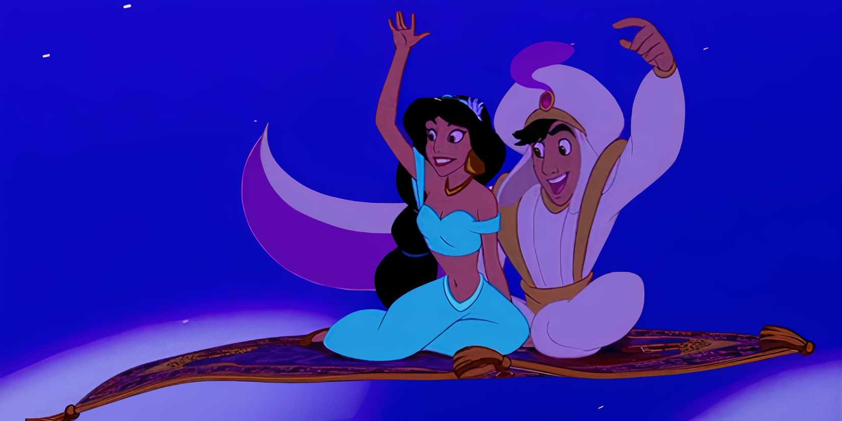 Aladdin and Jasmine riding a Magic Carpet in Disney's Aladdin 