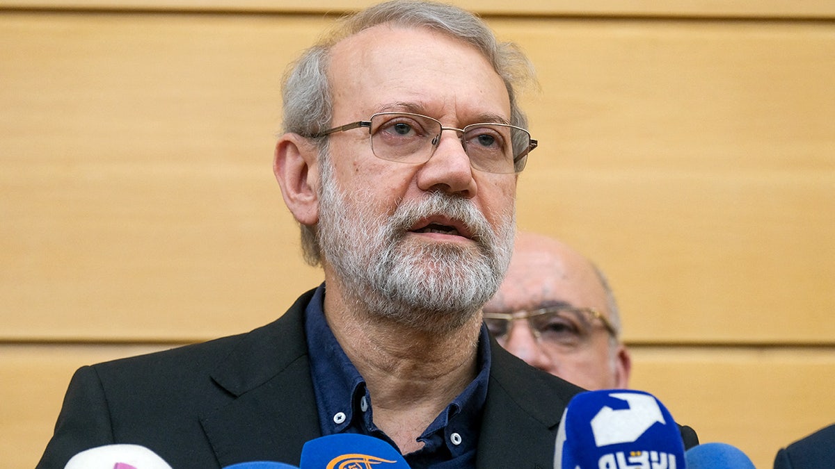 Ali Larijani stands at podium in Lebanon