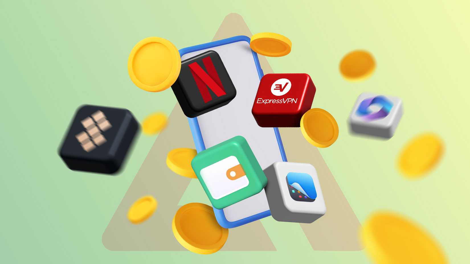 A smartphone surrounded by favorite paid app icons and coins