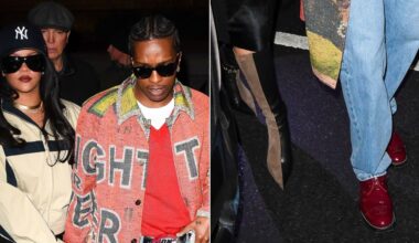 Rihanna in Loewe New Comic two-toned boots and A$AP Rocky in Chanel boots outside of an after party for 'SNL.'