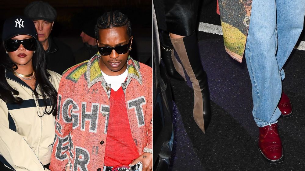Rihanna in Loewe New Comic two-toned boots and A$AP Rocky in Chanel boots outside of an after party for 'SNL.'