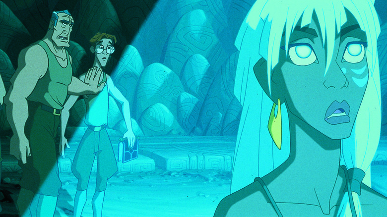 Commander Lyle Tiberius Rourke holding back Milo James Thatch from Kida in Atlantis: The Lost Empire (2001)