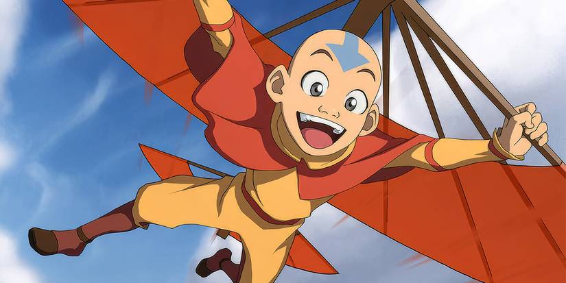 Aang air-gliding with a large smile in Avatar: The Last Airbender.