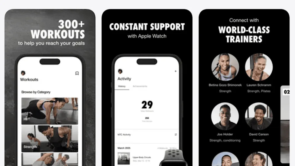 Three screenshots showing the interface of the NTC or Nike Training Club app. - Nike Training Club (NTC)