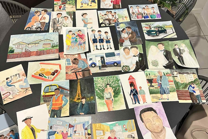 20 illustrations painted on small card at various stages of completion.