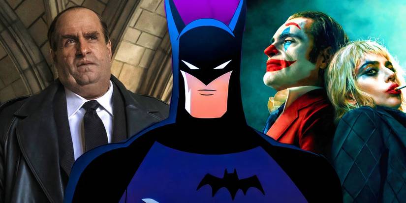 Split image of Colin Farrell as Oz Cobb in The Penguin, Batman in Batman: Caped Crusader, and Joaquin Phoenix and Lady Gaga as Arthur Fleck and Lee Quinzel in Joker Folie a Deux